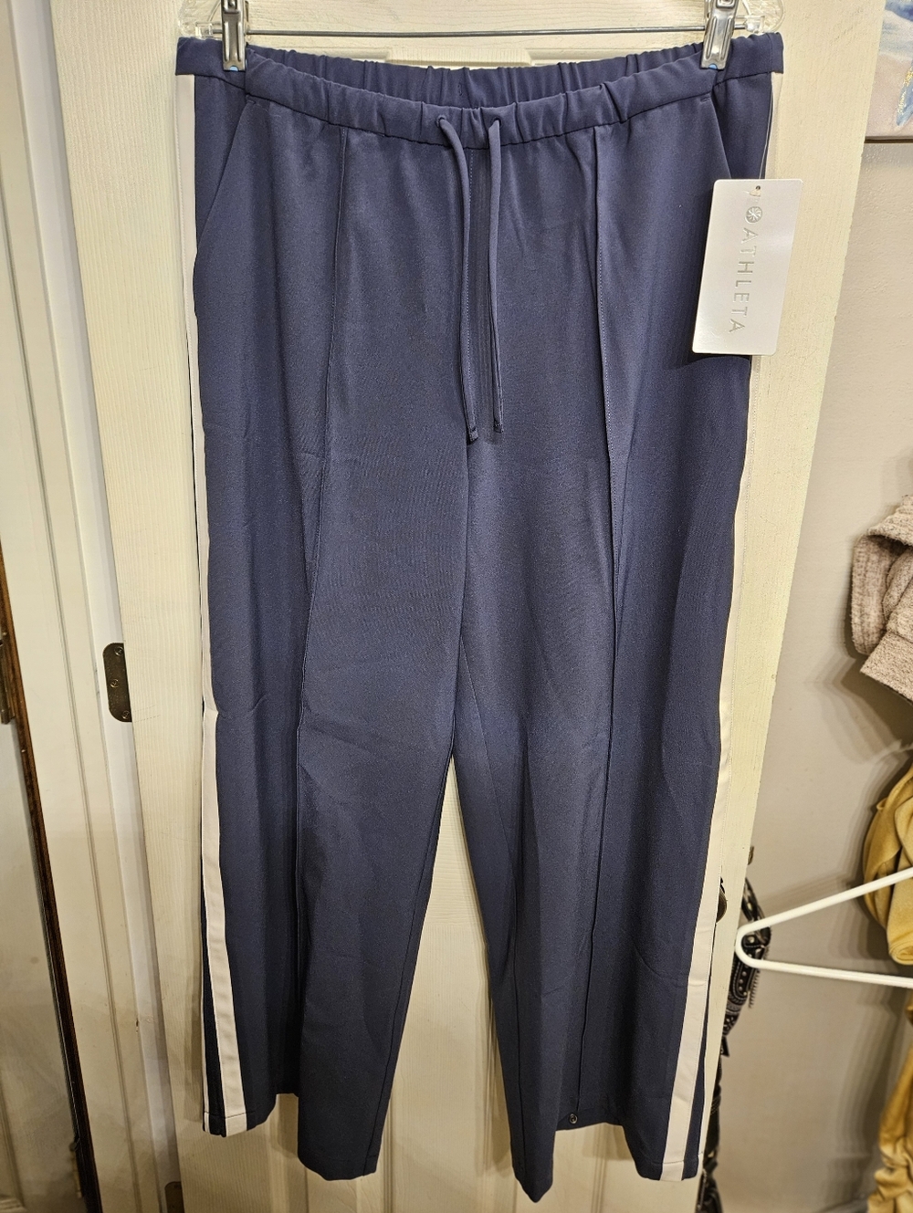 Athleta MVP side stripe pants navy blue wide leg athletic pants size M/P